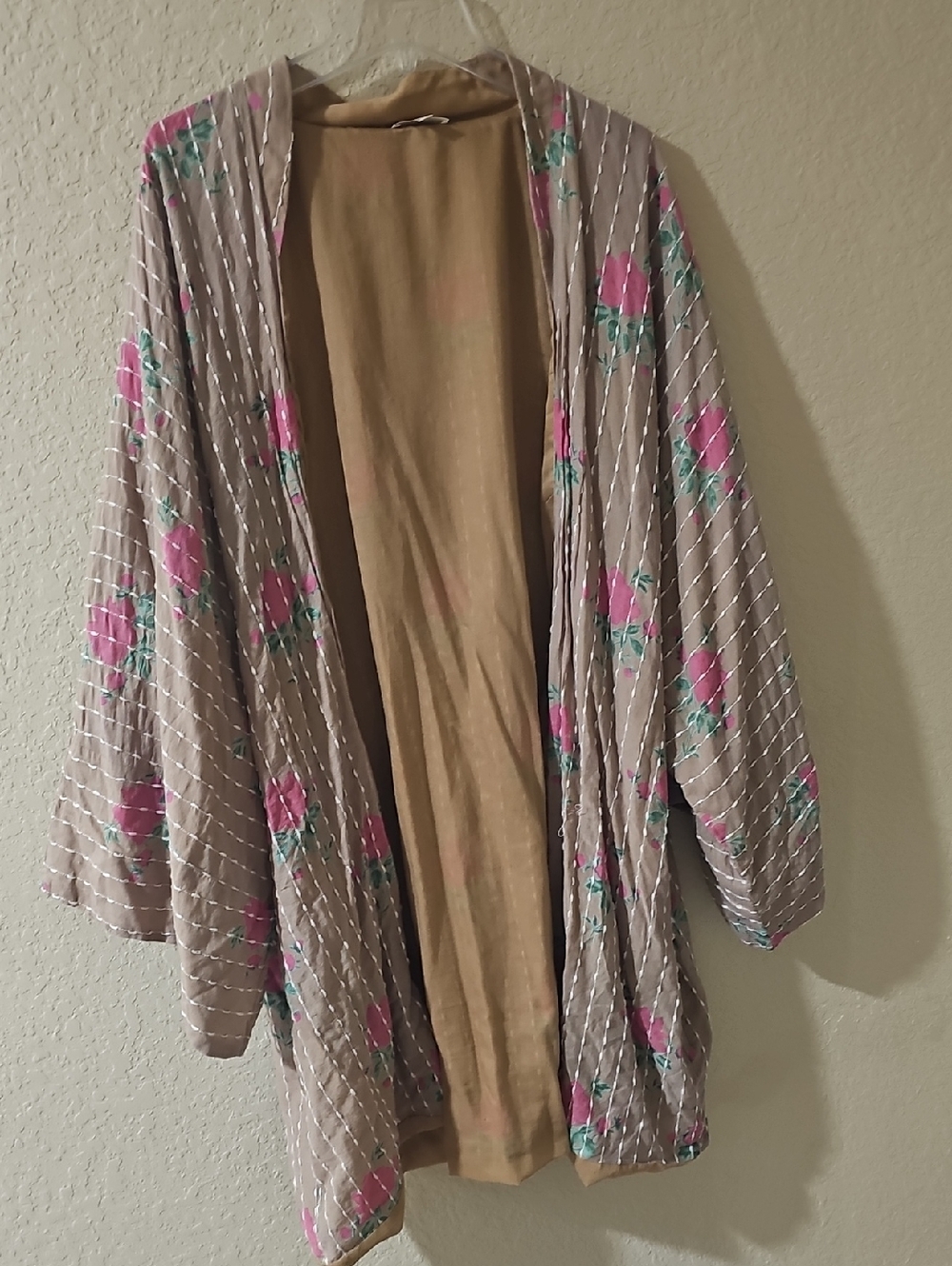 EARTHBOUND Taupe Cardigan with Pink & Green Floral Print